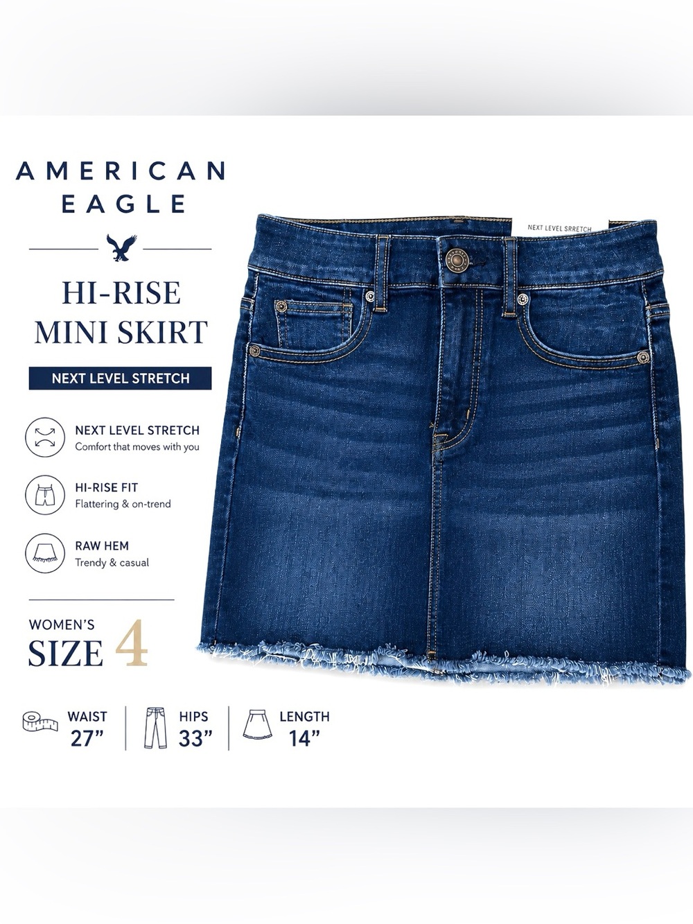 NWT American Eagle Hi-Rise Mini Denim Skirt 4 Next Level Stretch Raw Hem